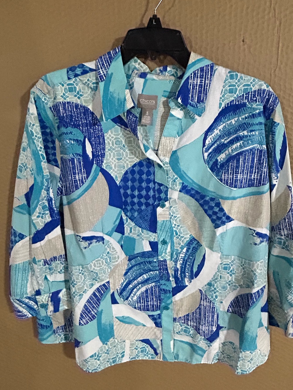 Chico's Blue and Aqua Abstract Print Button-Up Shirt